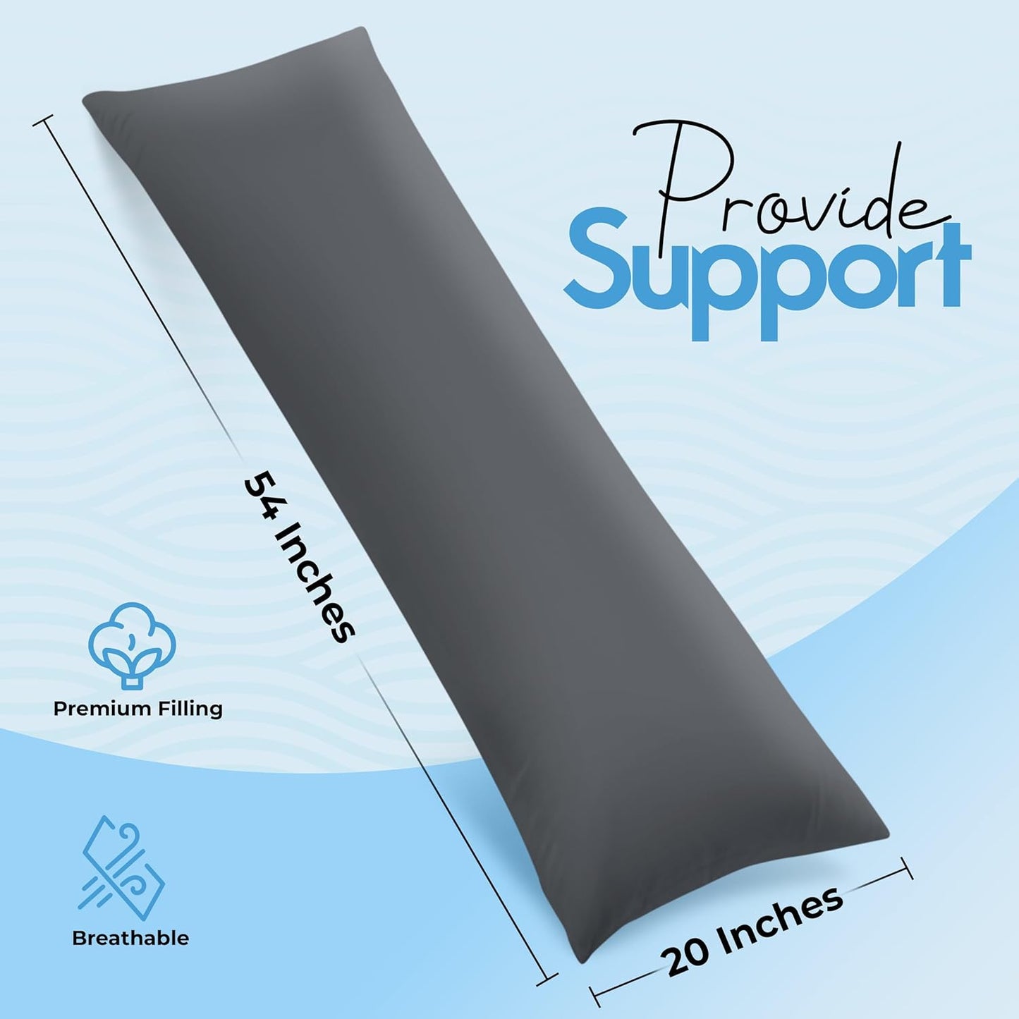 Full Body Pillow for Adults (Grey, 20 X 54 Inch), Long Pillow Insert for Sleeping, Ideal for Side Sleepers