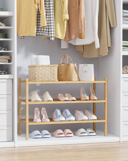 Bamboo Wooden Shoe Rack for Closet - Stackable Shoe Organizer with Modular Structure, Space-Saving Shoe Shelf for Entryway, Living Room, Bedroom, 26.8" X 11" X 18.9", Natural