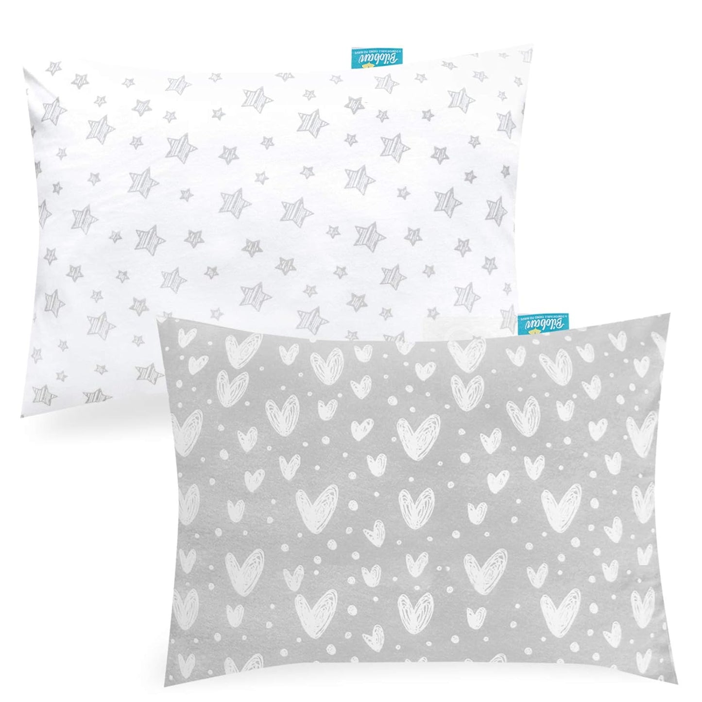 Organic Cotton Toddler Pillowcase for 13 X 18 or 14 X 19 Inches Pillow, (Pillowcase Only) 2 Pack Kids Pillowcase for Sleeping, Envelope Travel Pillow Case for Girl Boy, Gray Heart & White Star