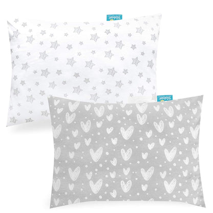 Organic Cotton Toddler Pillowcase for 13 X 18 or 14 X 19 Inches Pillow, (Pillowcase Only) 2 Pack Kids Pillowcase for Sleeping, Envelope Travel Pillow Case for Girl Boy, Gray Heart & White Star