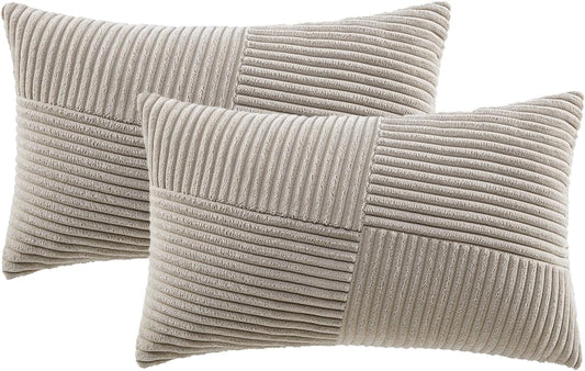 Set of 2 Taupe Boho Lumbar Rectangle Decorative Throw Pillow Covers 12X20 Inch with Diagonally Pattern for Couch Bed Sofa, Soft Corduroy Accent Modern Farmhouse Home Decorations 30X50 Cm