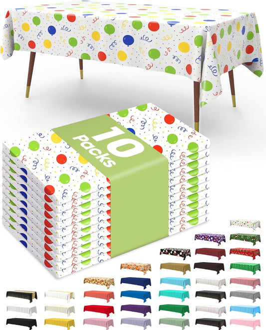 Plastic Table Cloth Disposable 10 Pack, 54 X 108 Inch Table Cloths, Birthday Party Decorations, Picnic, White Tablecloths, Rectangle, Colorful, Rainbow Cover, Leakproof & Sturdy, Balloon