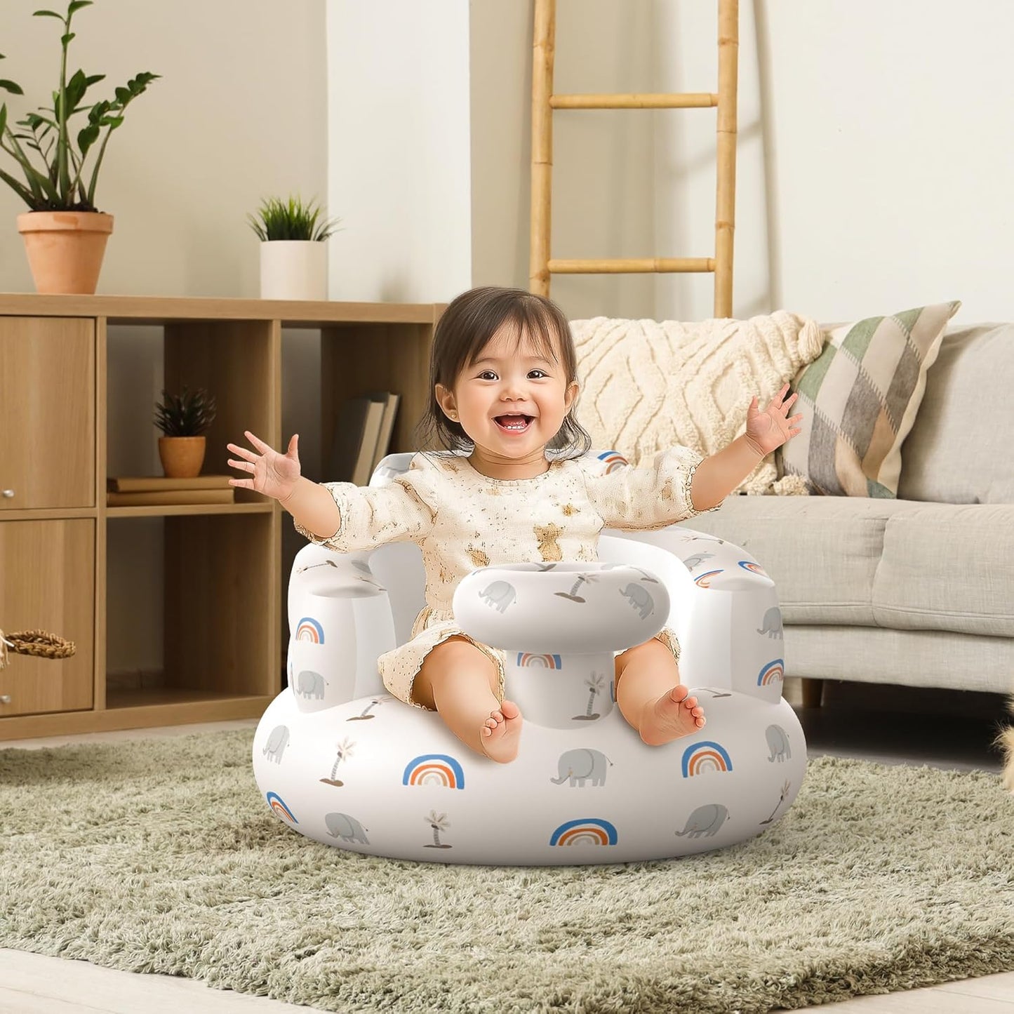Inflatable Baby Floor Seat for Ages 3 Months and Up, Foldable Design with Integrated Air Pump, Portable and Adorned with Charming Patterns.