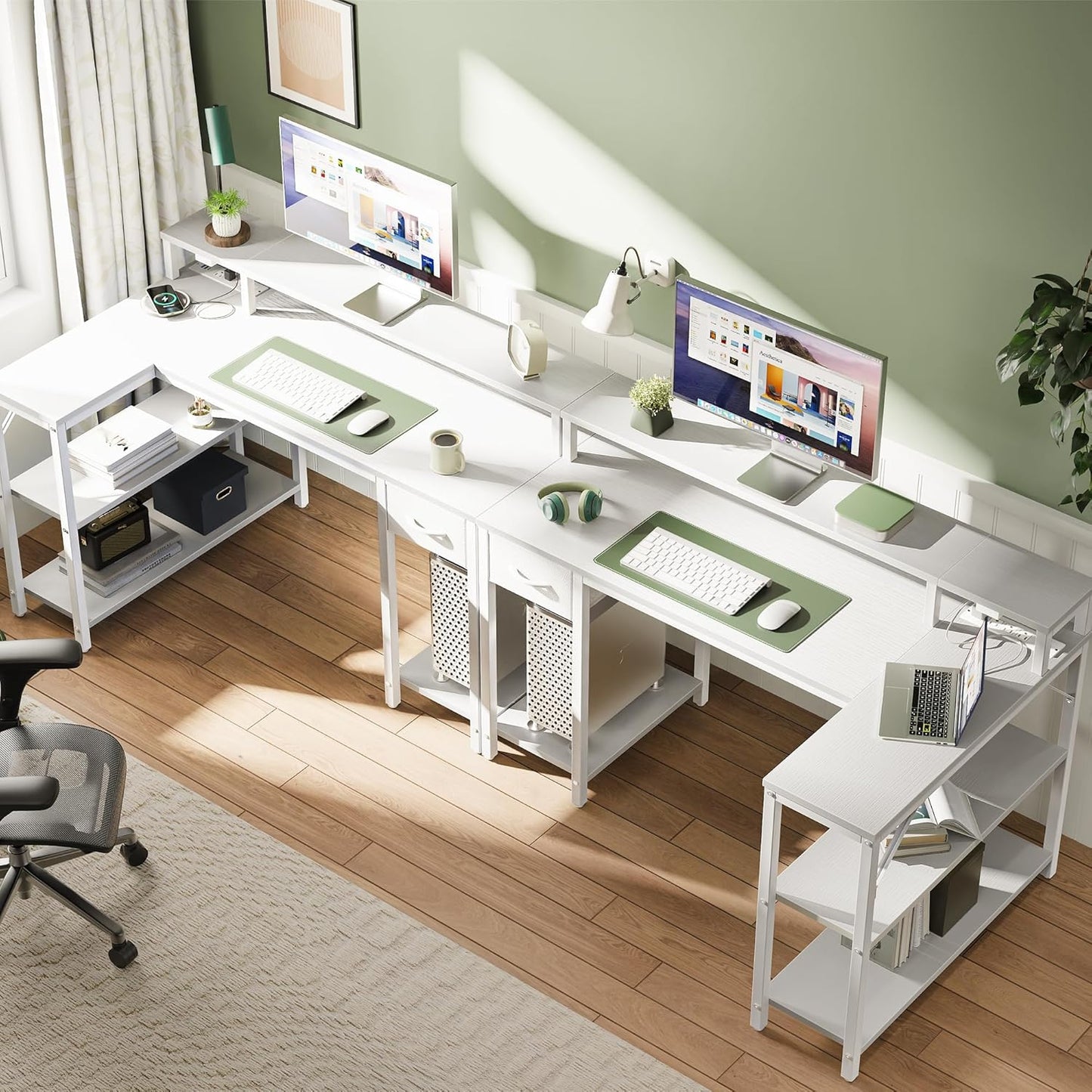 47-Inch Reversible L-Shaped Desk with LED Lighting and Power Outlets, Featuring Shelves, Monitor Stand, Drawer, and PU White Finish for Home Office and Gaming Use