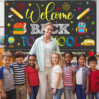Welcome Back to School Backdrops, Welcome Back Bulletin Board Back to School Banner Sign Hanging Polyester Photography Background for First Day of School Classroom and Office Decorations,73X44 Inch