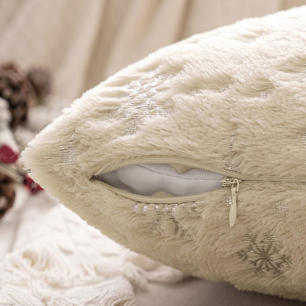 Set of 2 Christmas Decorative Throw Pillow Covers Soft Faux Fur Winter Pillow Covers with Silver Snowflake Glitter Holiday Festival Pillowcases for Couch Sofa Bed, 18×18Inch, Beige