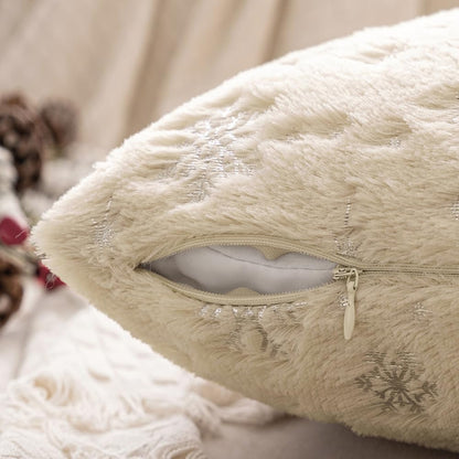 Set of 2 Christmas Decorative Throw Pillow Covers Soft Faux Fur Winter Pillow Covers with Silver Snowflake Glitter Holiday Festival Pillowcases for Couch Sofa Bed, 18×18Inch, Beige