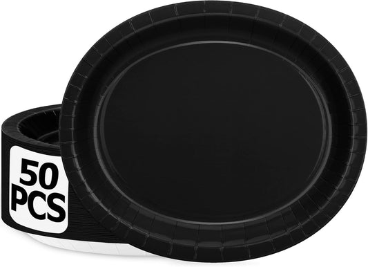 50 Count Black Large Paper Plates, 12.2'' X 10.2'' Oval Disposable Plates, Daily Heavy Duty Dinnerware Party Decorations for Birthday Wedding Formal Dinner Holiday