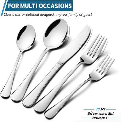 30 Piece Silverware Set, Stainless Steel Flatware Utensil Sets for 6, Silver Cutlery Set Includes Forks Spoons Knives, Mirror Polished, Dishwasher Safe