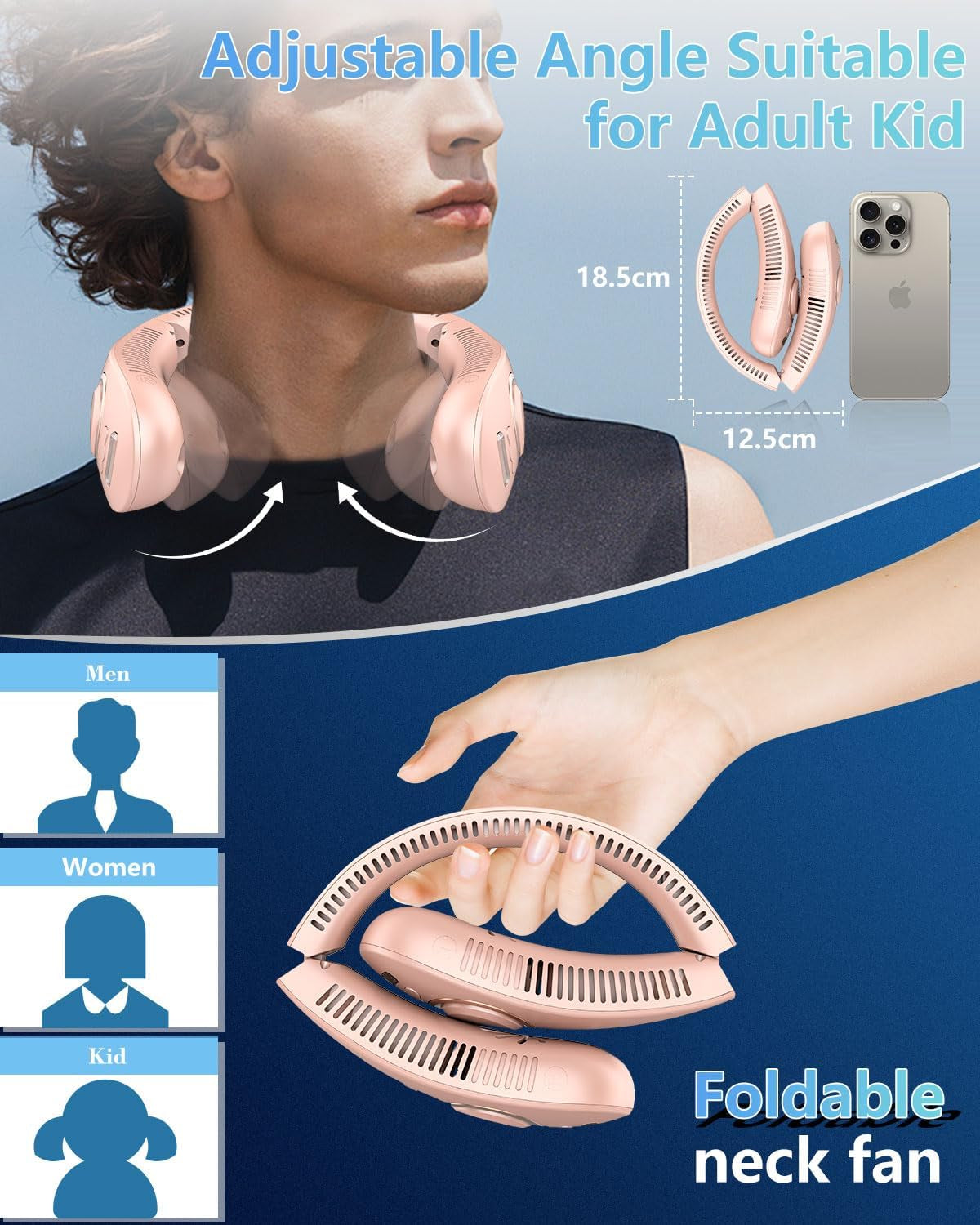 Misting Neck Fan,Collapsible Neck Fans Portable Rechargeable Battery,Cordless Leafless Headphone Wear Hands Free Devices,Cold Small Light Weight Noiseless Breeze around the Neck Cooler Tool Spray Pink
