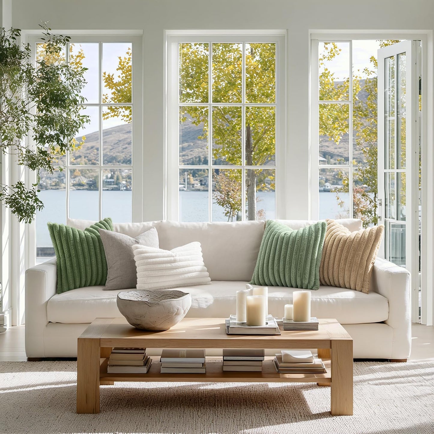 Faux Fur Decorative Throw Pillow Covers, 18x18 Inch Set of 2, Modern Plush Couch Pillows in Sage Green for Spring Home Decor