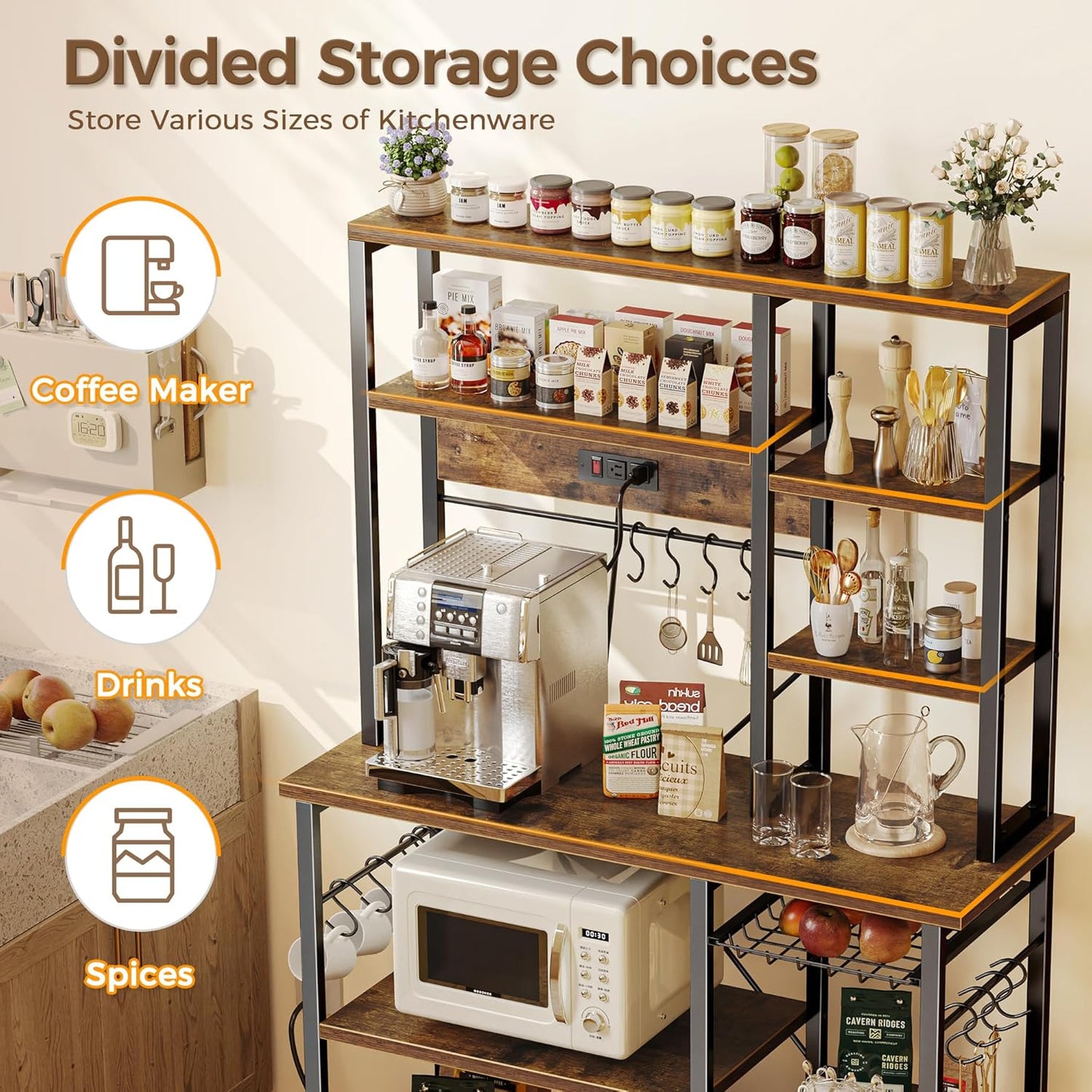 Large Rustic Brown Bakers Rack with Power Outlets, 6-Tier Microwave Stand and Coffee Bar, Featuring 12 S-Shaped Hooks and Wire Basket, Dimensions: 39.3 x 15.5 x 66.9 Inches