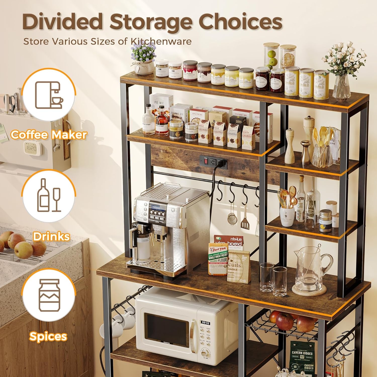 Large Rustic Brown Bakers Rack with Power Outlets, 6-Tier Microwave Stand and Coffee Bar, Featuring 12 S-Shaped Hooks and Wire Basket, Dimensions: 39.3 x 15.5 x 66.9 Inches