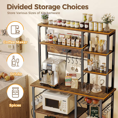 Large Rustic Brown Bakers Rack with Power Outlets, 6-Tier Microwave Stand and Coffee Bar, Featuring 12 S-Shaped Hooks and Wire Basket, Dimensions: 39.3 x 15.5 x 66.9 Inches