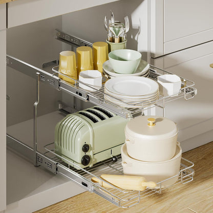 Pull Out Cabinet Organizer, Heavy Duty Cabinet Shelf Organizers, 2 Tier Cabinet Slide Out Shelves for Kitchen, Pantry, Bathroom, 14" W X 21" D