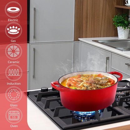 Oval Dutch Oven with Lid, Enameled Cast Dutch Oven Pot for Bread Baking, Braising, Stewing, Roasting, Non-Stick & Oven Safe, Dual Handles & Easy Clean, 5QT & Red