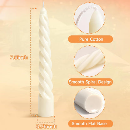 8 Inch 4Pack Spiral Taper Candles，Smokeless & Unscented & Dripless, for Weddings, Birthdays, Dinner Parties, Rituals, Prayer, Birthdays, Meditation
