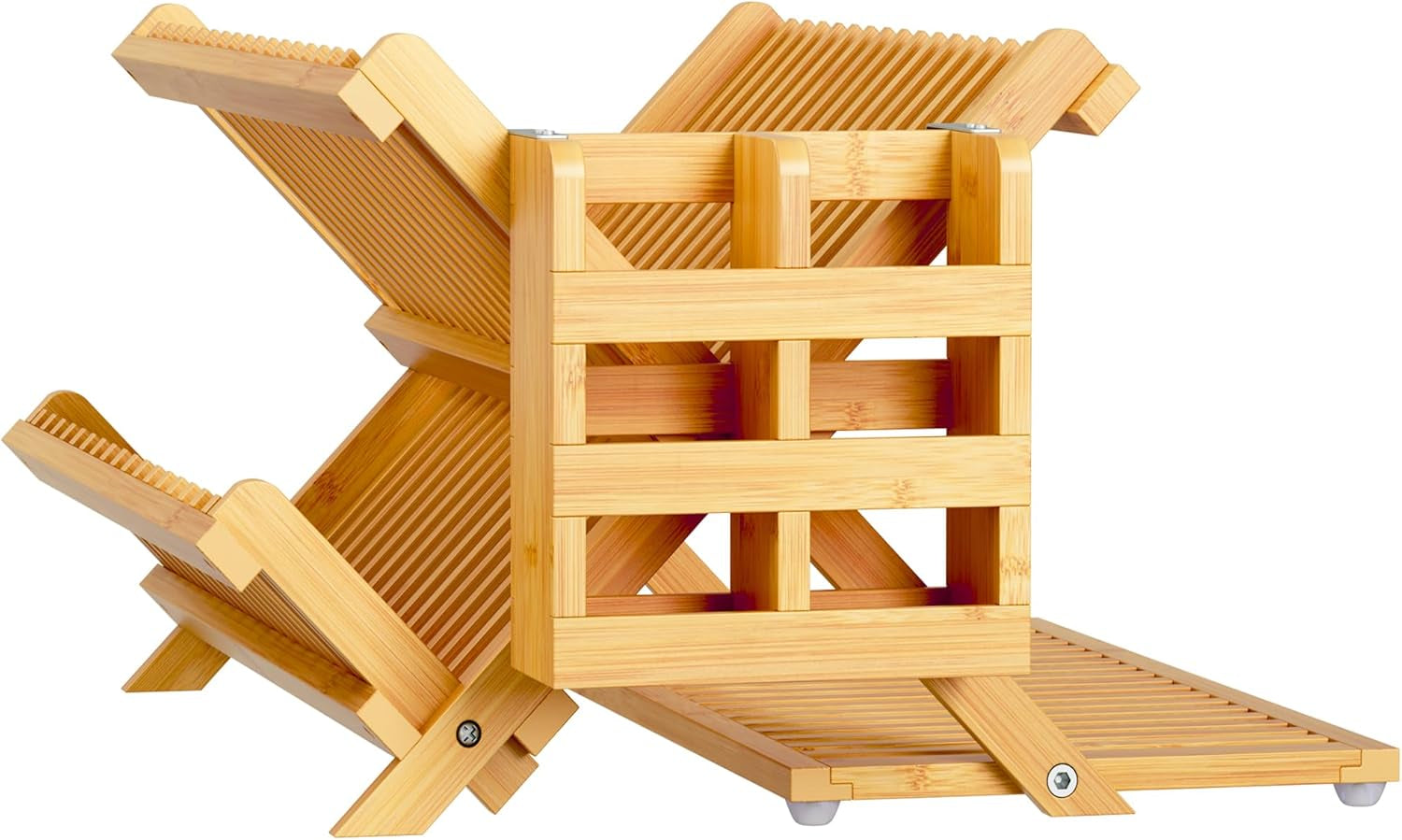 Bamboo Dish Drying Rack with Utensil Holder, 3 Tier Collapsible Dish Rack, Wooden Dish Racks for Kitchen Counter, Large Folding Drying Holder with Absorbent Dish Drying Mat