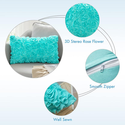 3D Decorative Romantic Valentines Stereo Chiffon Rose Flower Throw Pillow Cover Solid Pillowcase for Girl Women Wedding Sofa Bedroom Car Spring Decor 12X20 Inch 30X50Cm Aqua