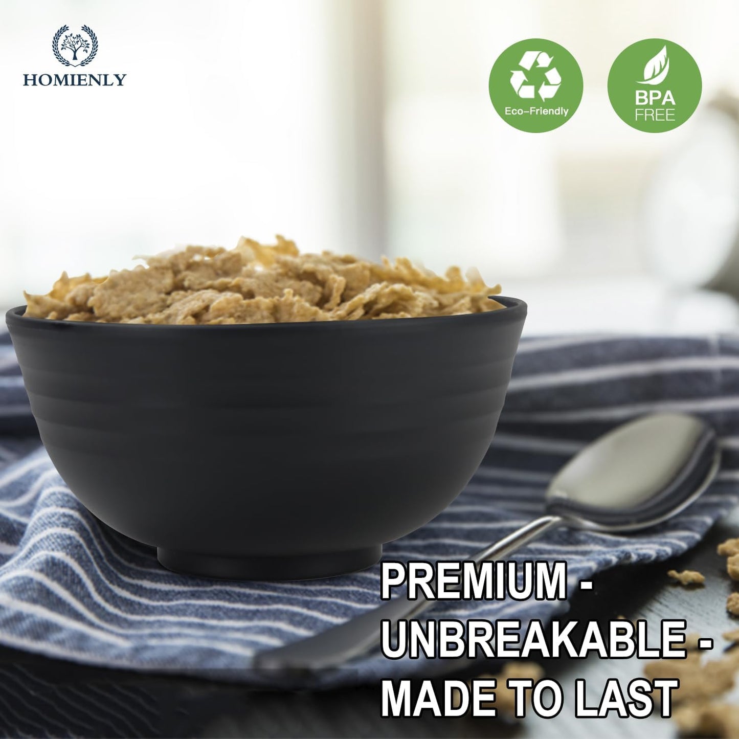 Cereal Bowl Set of 8 - Unbreakable Lightweight Wheat Straw Bowls for Kitchen, Microwave and Dishwasher Safe, Ideal for Serving Cereal, Snacks, and Fruits (Black, 26 OZ)