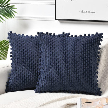 Set of 2 Navy Blue Decorative Throw Pillow Covers 18X18 Inch with Pom-Poms for Couch Bedroom Living Room, Modern Farmhouse Boho Home Decor, Soft Plush Corduroy Cute Cushion Case 45X45 Cm