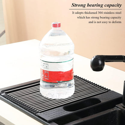 Over-the-Sink Dish Drying Rack, 17.5" x 15" Rollable Stainless Steel with Removable Storage Basket for Kitchen Use