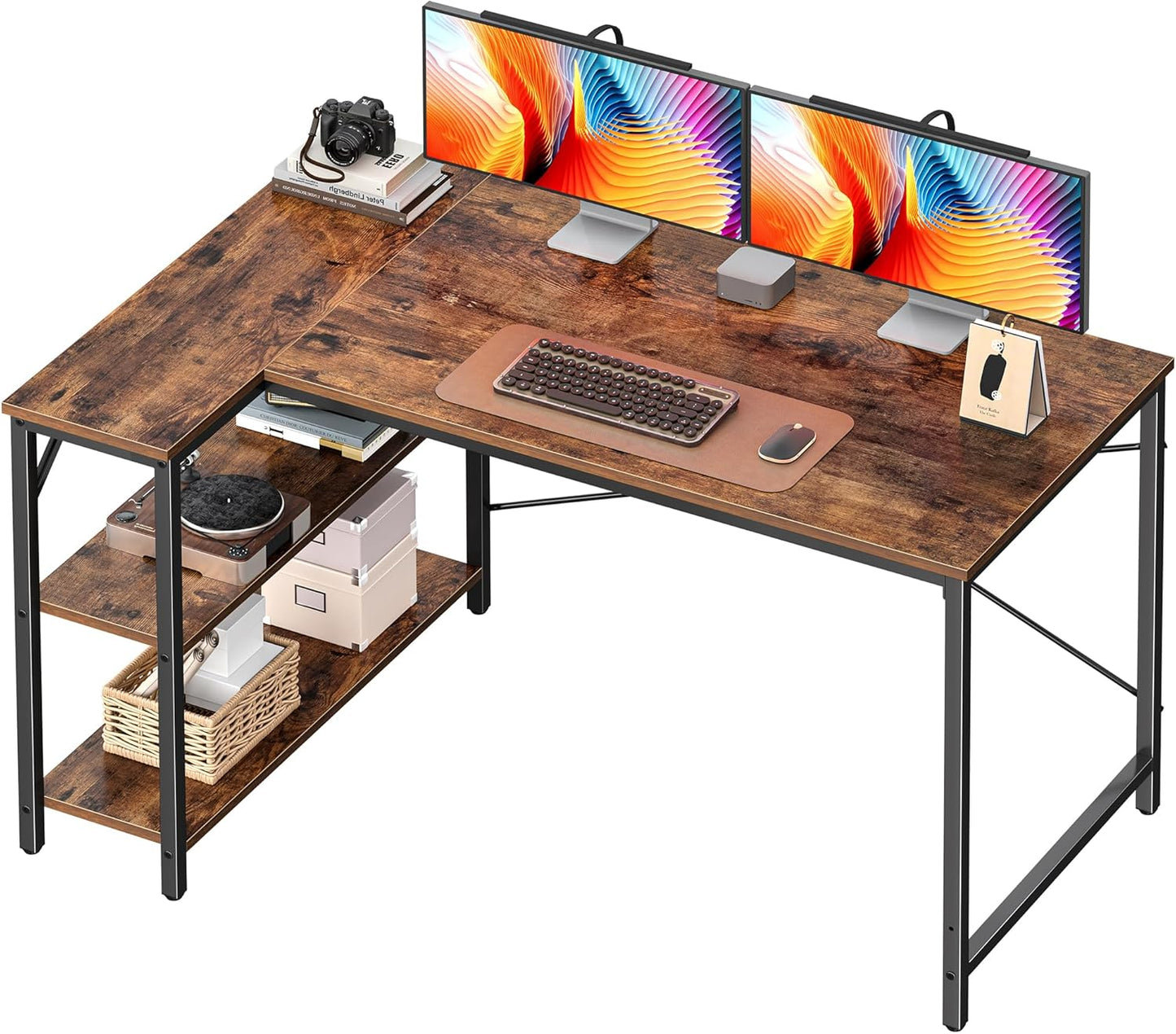 47-Inch L-Shaped Computer Desk with Reversible Storage Shelves for Home Office, Gaming, and Study, Metal Frame in Rustic Brown Finish