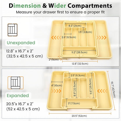 Expandable Large Silverware Organizer for Kitchen Drawers - BPA-Free Thick Plastic with Wider Compartments and Non-Skid Feet (Desert Sand)
