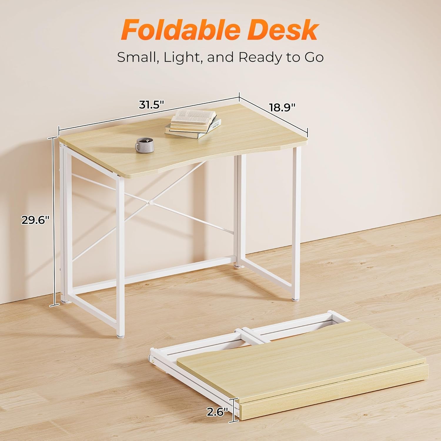 Compact Folding Desk for Small Spaces - 31.5 Inch Oak Computer Table for Home Office, Study, Bedroom, and Dorm Use - Space-Saving Design with Easy Fold Feature