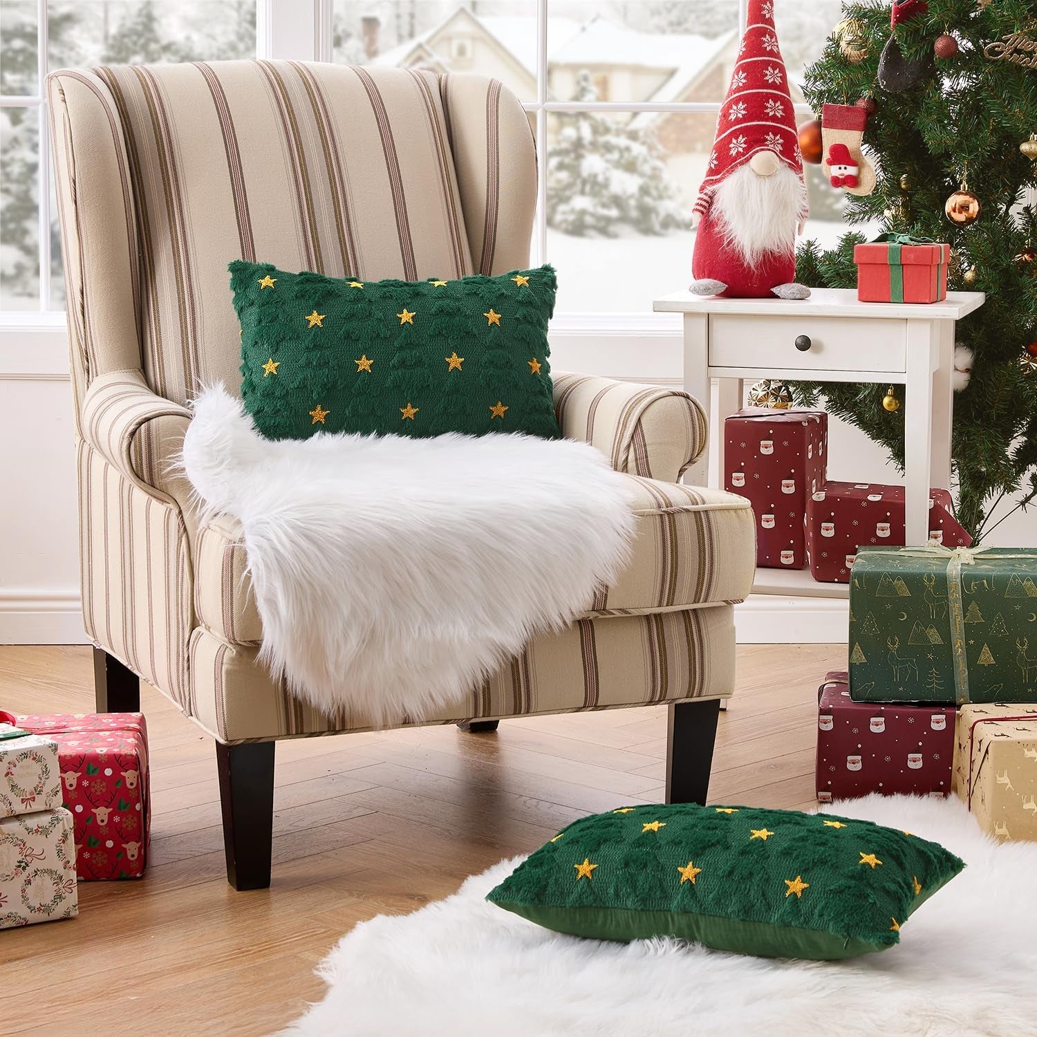 Christmas Pillow Covers 12X20 Inch Set of 2, Dark Green Christmas Tree Plush Faux Fur Pillowcases Soft Decorative Throw Pillow Cases for Couch Sofa Living Room Winter Xmas Holiday Home Decor