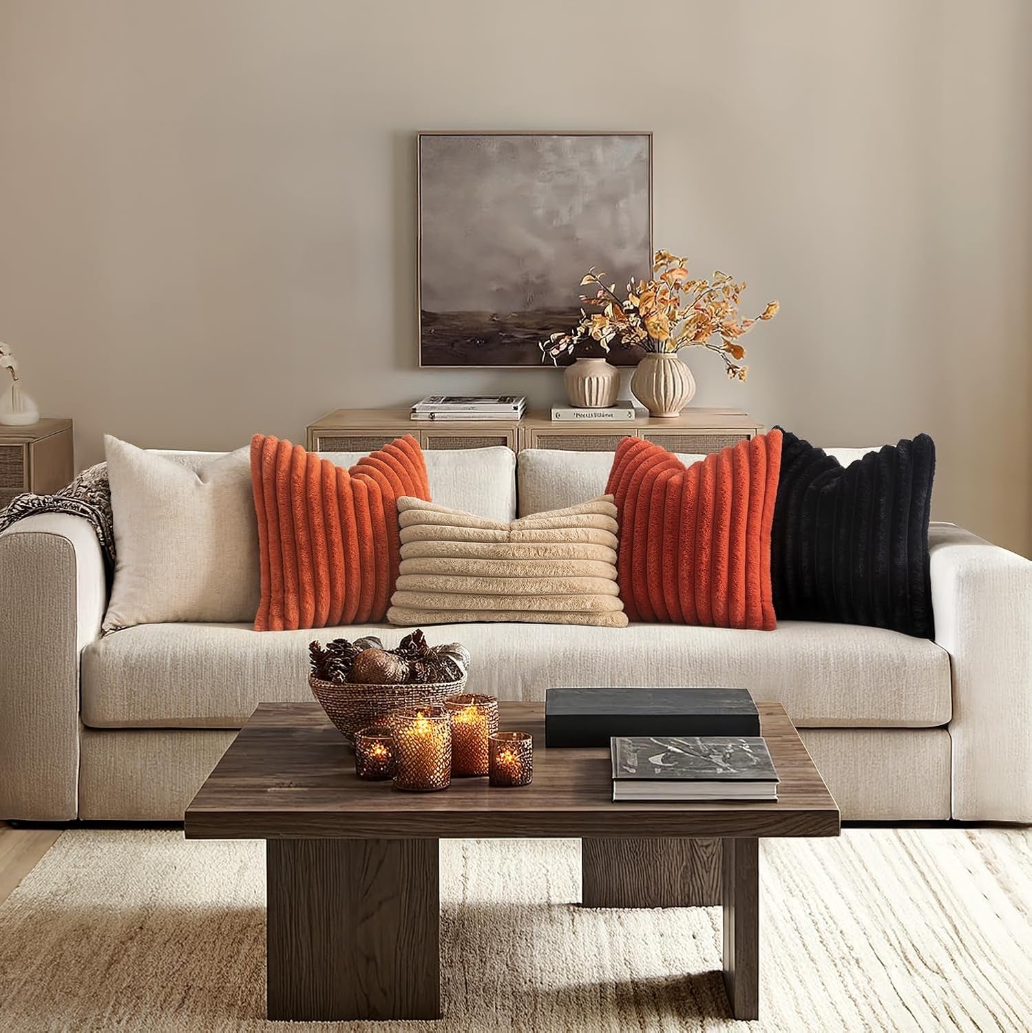 Faux Fur Decorative Throw Pillow Covers 18X18 Inch Set of 2, French Modern Art Home Decor Soft Plush Couch Pillows Cozy Fluffy Cushion Covers for Sofa Bed Black