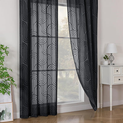 Sheer Black Curtains Kitchen 36 Inch Length 2 Panels Set for Window, Soft Airy Geometric Jacquard Semi Sheer Curtains for Bathroom, Modern Rod Pocket Window Curtains, 42Wx36L Inches