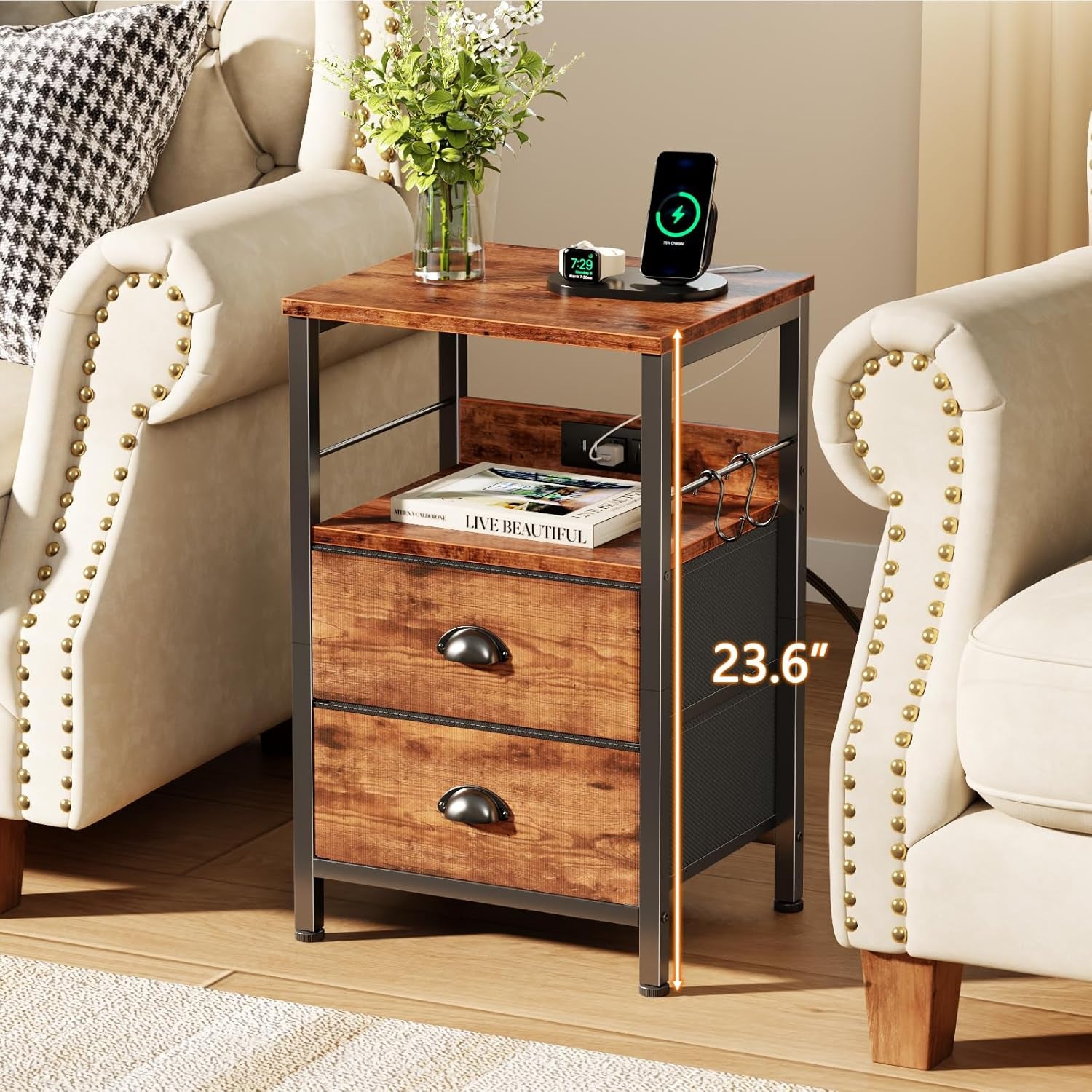 Nightstand Set of 2, Rustic Brown, with Charging Station and USB Ports, Side Tables with 2 Fabric Drawers, Bedside Tables with Storage Shelf & Hooks, for Living Room/Bedroom