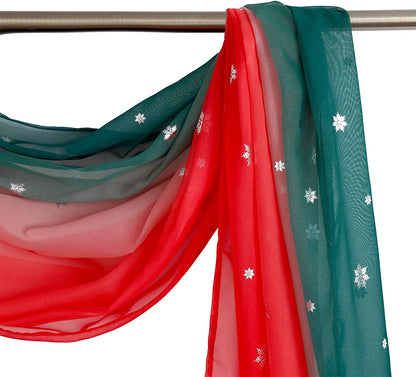 Christmas Party Scarf Curtains Snow Print Window Decoration for Living Room, Soft Ombre Sheer Voile Scarf Valance for Window, Set of 1 Panel (52 X 144 Inch, Red and Green)