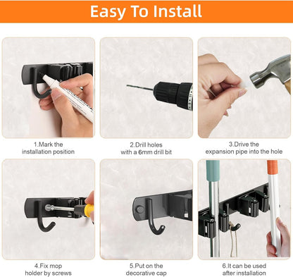 Stainless Steel Wall-Mounted Mop and Broom Holder with 3 Racks and 4 Hooks - Ideal for Kitchen, Garden, and Laundry Room Organization (Black)