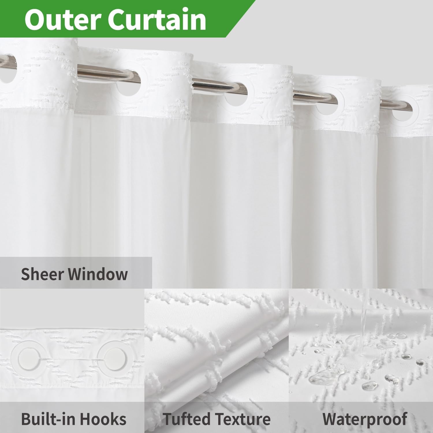 No Hook Tufted Chevron Striped Shower Curtain with Snap-In Fabric Liner Set-71Wx74H,Hotel Grade,Boho Style Waterproof Shower Curtain with See through Top Window,White