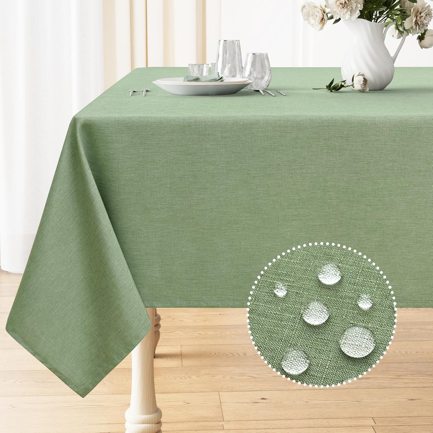 Rectangle Table Cloth Linen Textured, Waterproof Spillproof Anti-Wrinkle Burlap Tablecloth, Washable Decorative Fabric Table Cover for Dining, Party, Banquet, 52 X 70 Inch, Sage Green