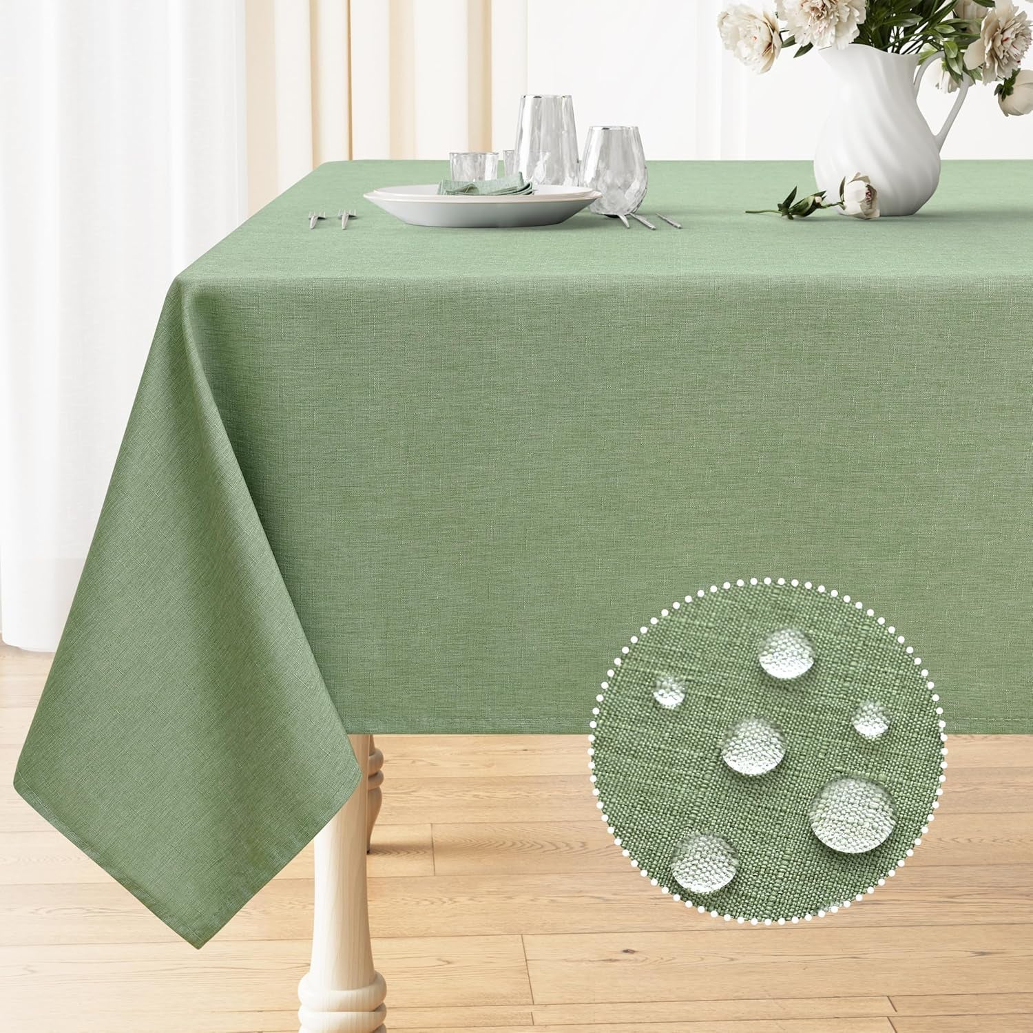Rectangle Table Cloth Linen Textured, Waterproof Spillproof Anti-Wrinkle Burlap Tablecloth, Washable Decorative Fabric Table Cover for Dining, Party, Banquet, 52 X 70 Inch, Sage Green