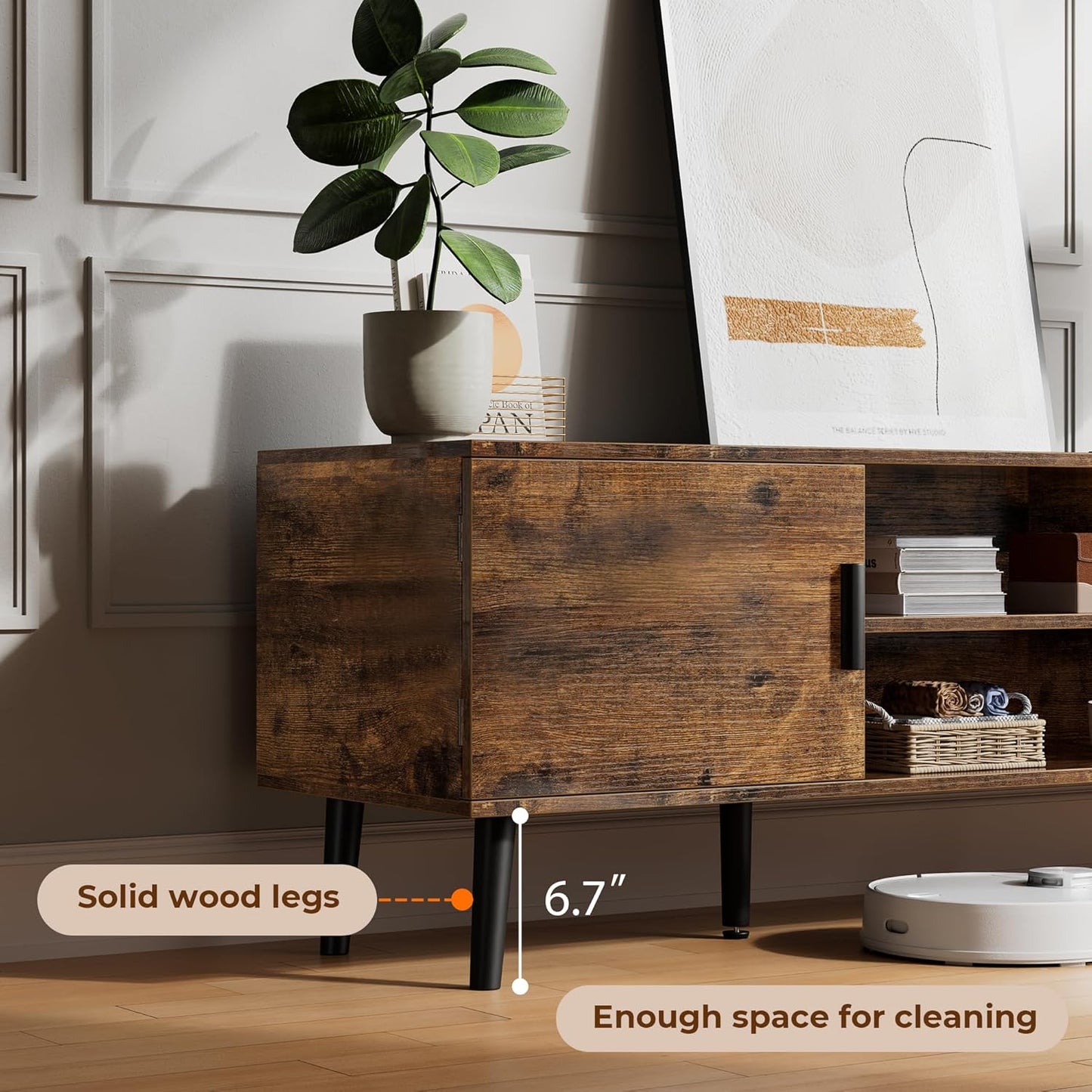 55-Inch TV Stand and Entertainment Center with Adjustable Shelves, Dual Cabinets, Solid Wood Feet, and Cord Management for Living Room and Bedroom in Rustic Brown Finish