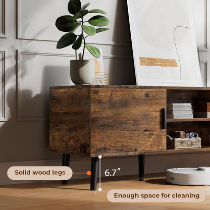 55-Inch TV Stand and Entertainment Center with Adjustable Shelves, Dual Cabinets, Solid Wood Feet, and Cord Management for Living Room and Bedroom in Rustic Brown Finish