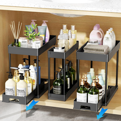 3 Pack under Sink Organizers and Storage, 2 Tier Black Bathroom Cabinet Organizer, Multi-Use Kitchen Bathroom Organizers and Storage, under Counter Organizer with Hooks