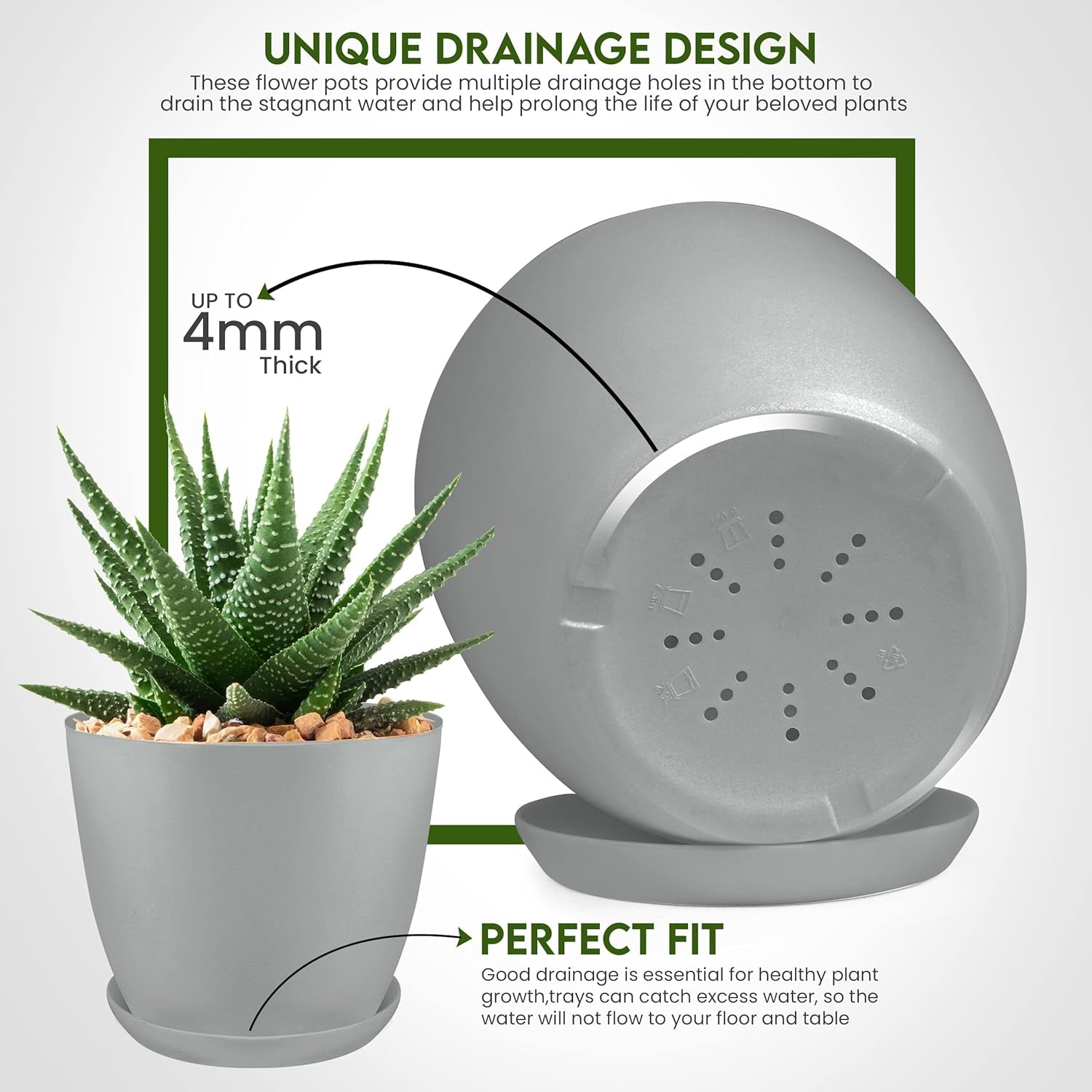 - Plant Pots Indoor with Drainage - 7/6.6/6/5.3/4.8 Inches Flower Pots for Indoor Planter - 5 Pack Plastic Planters - Ideal for Stocking Stuffers or Home Christmas Decorations - Gray
