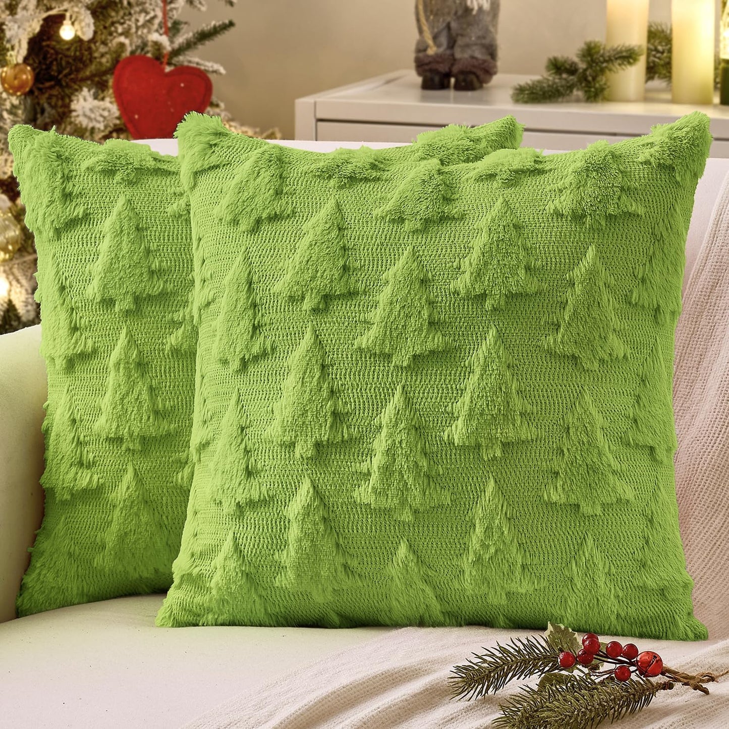 Christmas Throw Pillow Covers Green Christmas Decorations Set of 2 Xmas Tree 18X18 Pillow Covers Soft Plush Faux Wool Pillowcases Holiday Festivals Winter Home Decor Sofa Couch Bed Porch