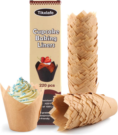 220Pcs Tulip Cupcake Liners for Baking Cups,Greaseproof Cupcake Wrappers in Standard Size,Parchment Paper Tulip Muffin Liners,Natural