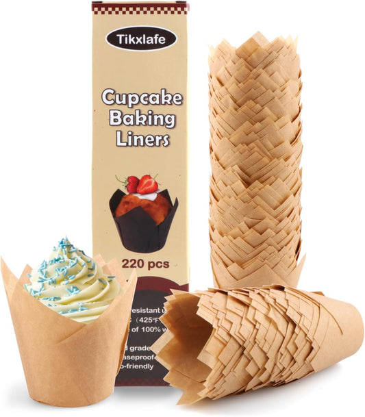 220Pcs Tulip Cupcake Liners for Baking Cups,Greaseproof Cupcake Wrappers in Standard Size,Parchment Paper Tulip Muffin Liners,Natural