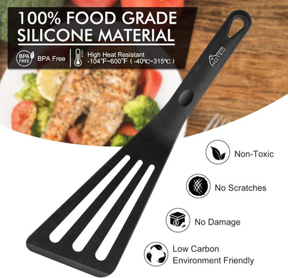Heat Resistant Silicone Slotted Fish Turner Spatula Set, Flipper Cooking Spatulas, for Non Stick Cookware Dishwasher Safe, Black