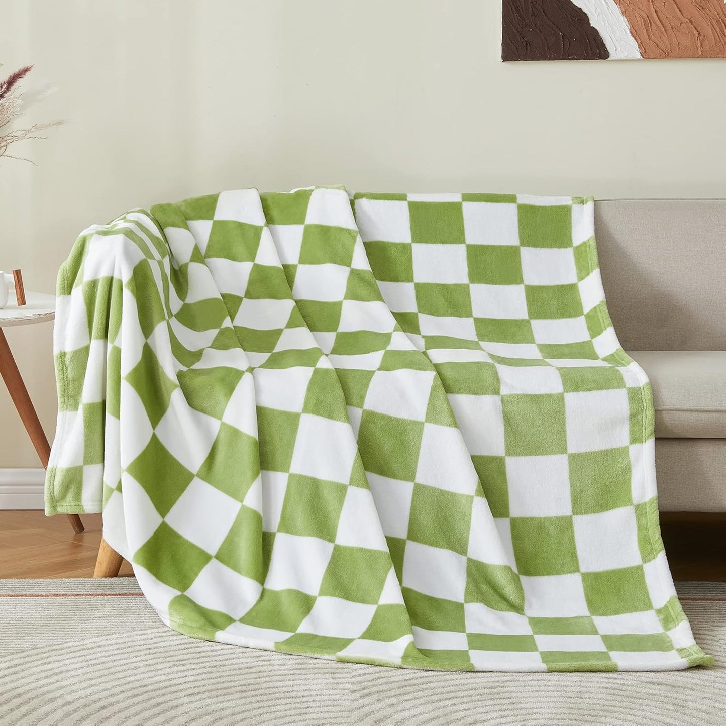 Checkered Throw Blanket for Couch, Soft & Cozy Fleece Flannel Blanket with Checkerboard Grid Home Decor, Checkered Green, 50X60 Inches