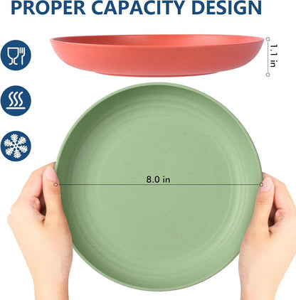 8-Pack 8Inch BPA Free Unbreakable Deep Plastic Plates, Wheat Straw Camping Plates Dishwasher Safe Kitchen Plates Dinnerware Multicolor