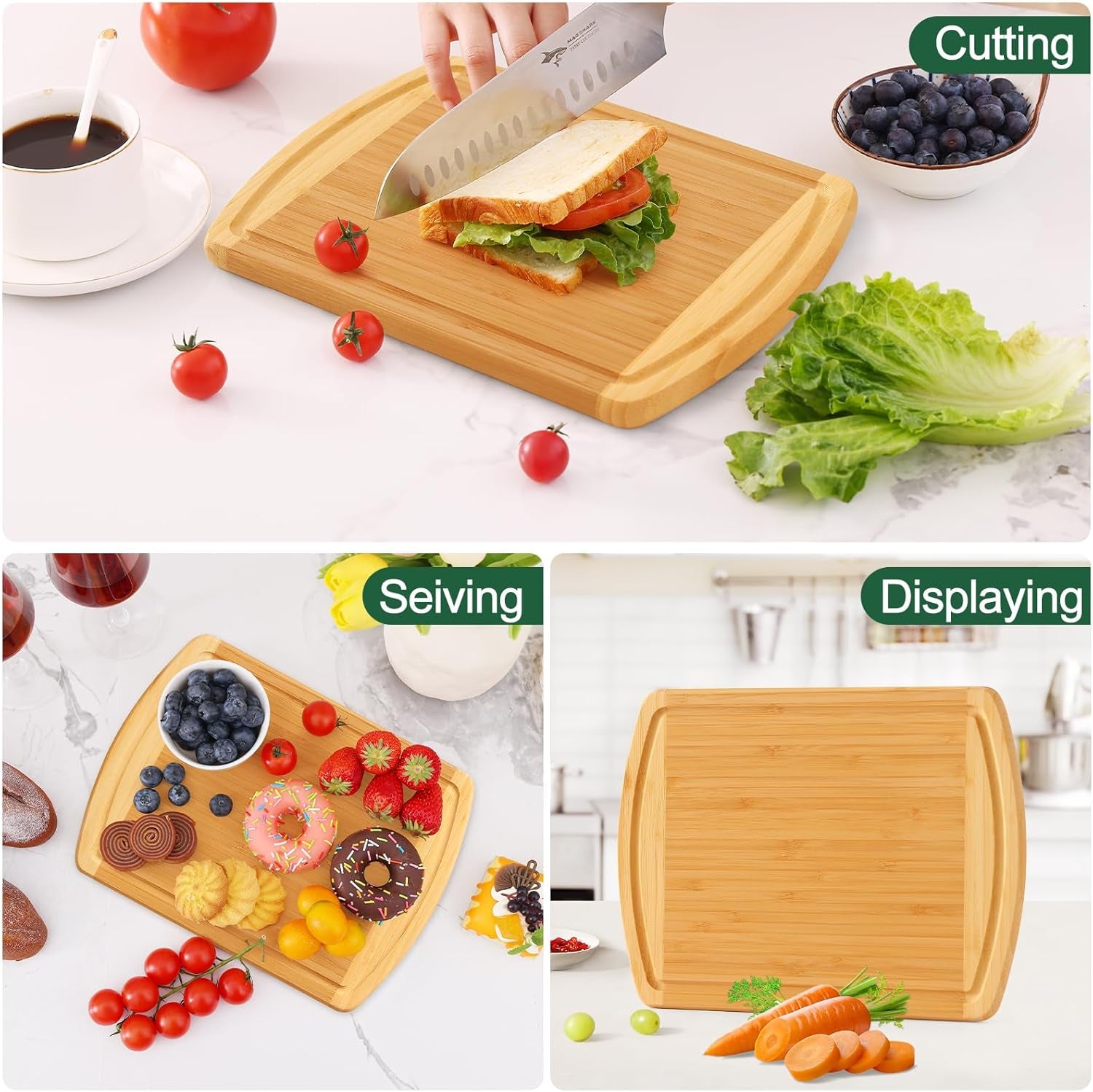 Bamboo Cutting Boards for Kitchen, 12X9" Wood Small Cutting Board with Juice Groove, Mini Wooden Butcher Block Chopping Board for Kitchen, Meat, Cheese, Fruit & Vegetables - Pre Oiled, Two-Tone