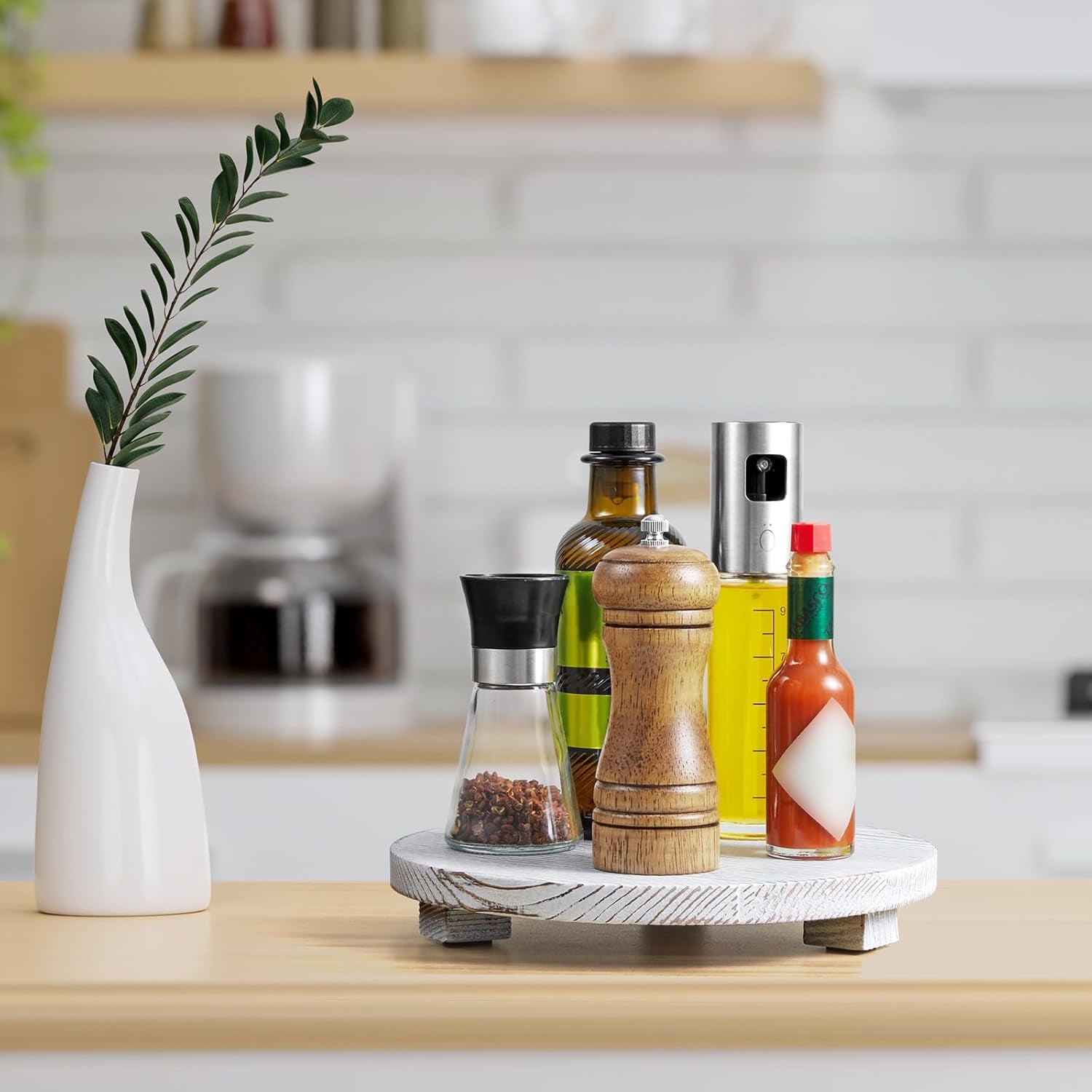 Round Wood Tray Farmhouse Bathroom Decor Pedestal Stand Decorative Kitchen Vanity Counter Sink Accessories Wooden Riser for Soap Dish, Perfume, Candle, Sponge, 9", Rustic White